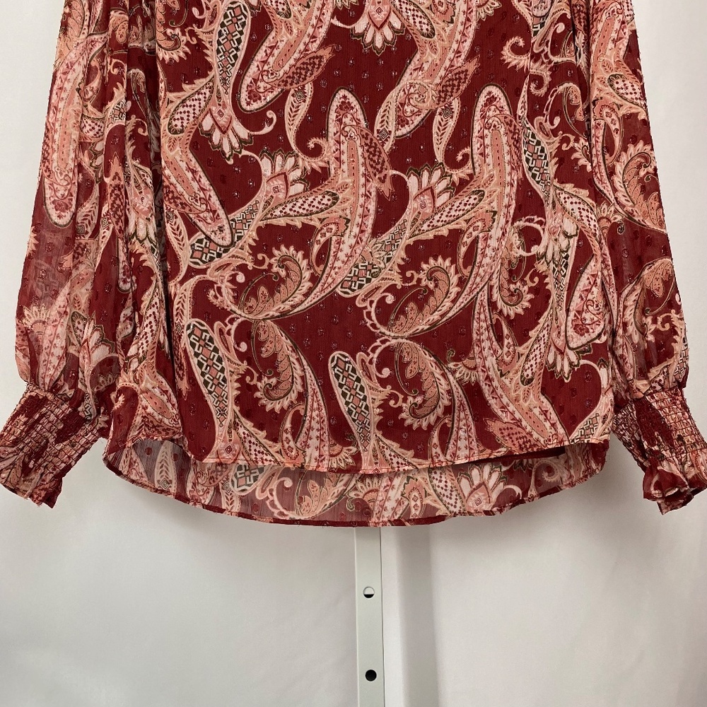 Rose & Olive Womenʻs Burgundy | Gold Paisley Print Long Sleeve V-Neck Blouse L - Picture 4 of 11